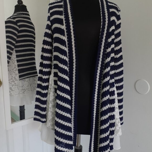 Signature Studio Open Front Striped Cardigan Contrasting White Floral Lace  S - Picture 2 of 7